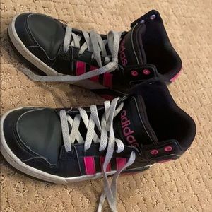 pink, black, and white adidas shoes